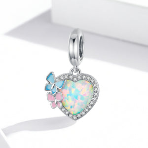 Opalite Crystal Heart Butterfly Charm 925 Sterling Silver