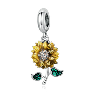 Yellow & Green Stemmed Sunflower Charm 925 Sterling Silver