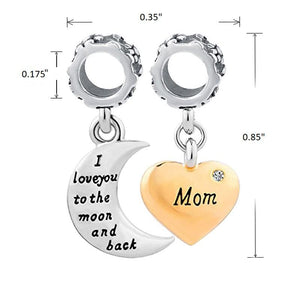 Mom I Love You To The Moon & Back 2-Piece Dangle Charm Set 925 Sterling Silver