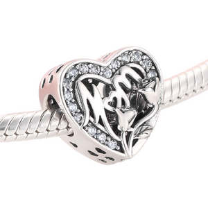 Mom Roses Crystal Heart Halo Charm 925 Sterling Silver