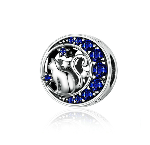 Blue Crystal Lucky Moon Cat Charm Silver Charm Bracelet | Loulu Charms