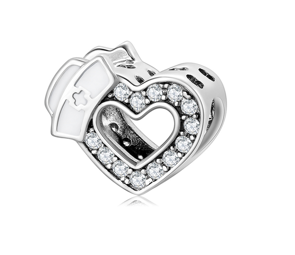 Nurse Cap Heart Charms | Enamel Silver Tone Charms