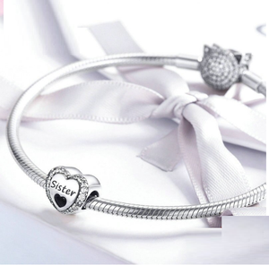 Sister Sparkling Halo Heart Charm 925 Sterling Silver
