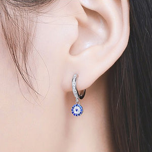 Evil Eye Dangle Crystal Mini Hoop Earrings Sterling Silver
