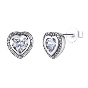 CZ Double Heart Halo Stud Earrings Sterling Silver