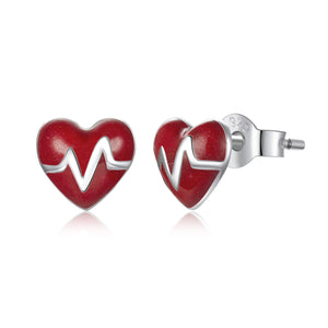 EKG Red Heartbeat ER Nurse Stud Earrings Sterling Silver