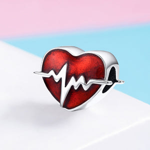 EKG Emergency Nurse Red Enamel Heart Charm 925 Sterling Silver