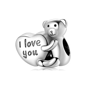 I Love You Teddy Bear Heart Charm 925 Sterling Silver