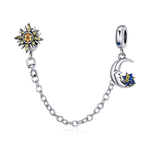 Sunshine, Star & Luna Moon Safety Chain Charm 925 Sterling Silver