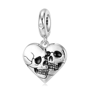 Love Forever Two Skulls in One Heart Charm 925 Sterling Silver