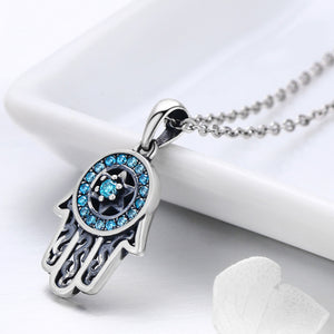 Blue Crystal Star of David Hamsa Hand Pendant Necklace Sterling Silver