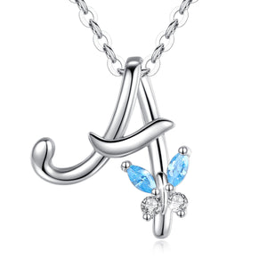 Letter A Cursive Initial Crystal Butterfly Necklace Sterling Silver