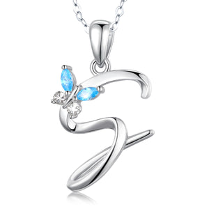 Letter S Cursive Initial Crystal Butterfly Necklace Sterling Silver