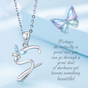 Letter S Cursive Initial Crystal Butterfly Necklace Sterling Silver