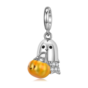Trick-or-Treater Ghost w/ Pumpkin Candy Basket Charm 925 Sterling Silver