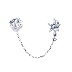 Starfish and Shell Ocean Love Safety Chain Charm 925 Sterling Silver