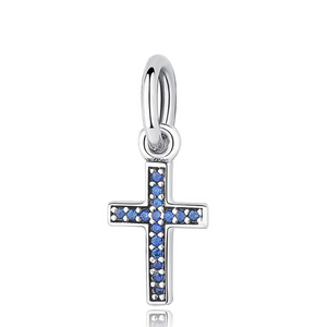 Blue Sparkling Cross Charm 925 Sterling Silver