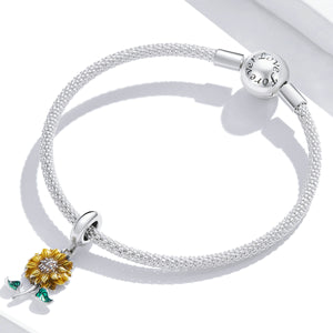 Yellow & Green Stemmed Sunflower Charm 925 Sterling Silver