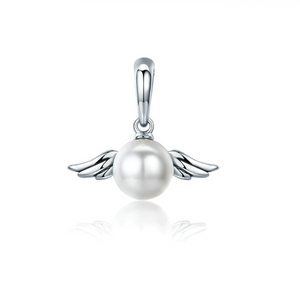 White Pearl Angel Wings Dangle Charm 925 Sterling Silver