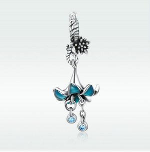 Blue Crystal Enamel Lily Flower Dangle Charm 925 Sterling Silver