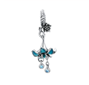 Blue Crystal Enamel Lily Flower Dangle Charm 925 Sterling Silver