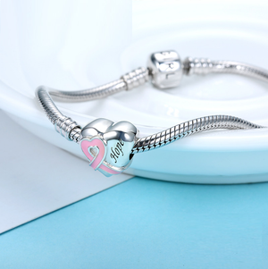 Hope Pink Heart Ribbon Charm 925 Sterling Silver