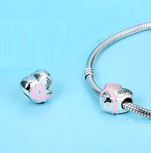 Hope Pink Heart Ribbon Charm 925 Sterling Silver