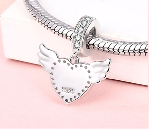 Crystal Love Heart Angel Wings Dangle Charm 925 Sterling Silver