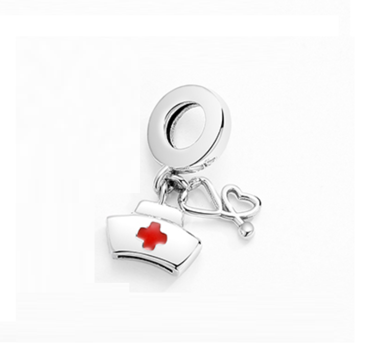 Nurse Cap Heart Charms | Enamel Silver Tone Charms