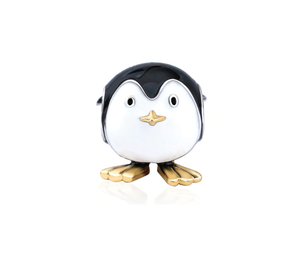 Gold, Black & White Penguin Charm 925 Sterling Silver