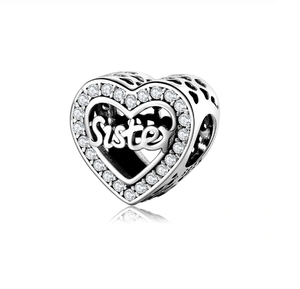 Sisterly Love! Sister Halo Crystal Heart Charm 925 Sterling Silver